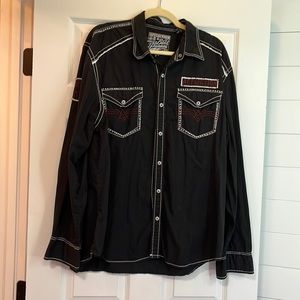Men’s affliction, black button-down shirt, size 3 XL